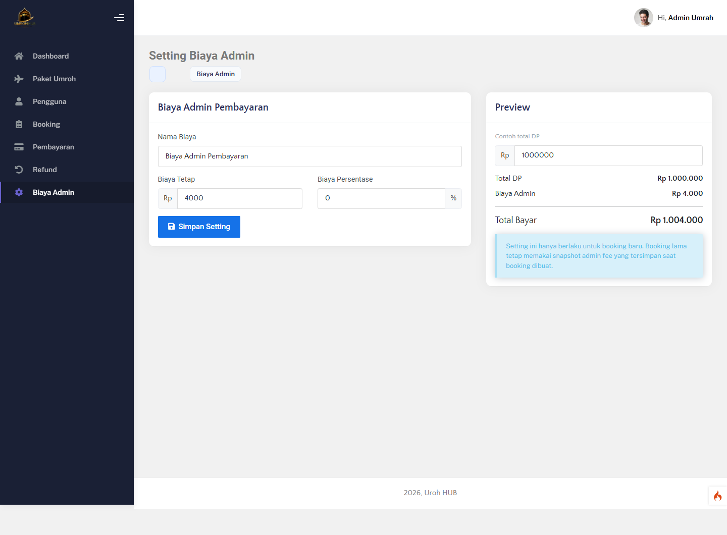 Setting Biaya Admin